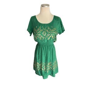 Lands End‎ Canvas Womens 100% Silk Green Gold Embellished Mini Dress Size 4